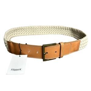 Filippa K Sweden white woven nautical tan leather trim belt L made in Italy NWT
